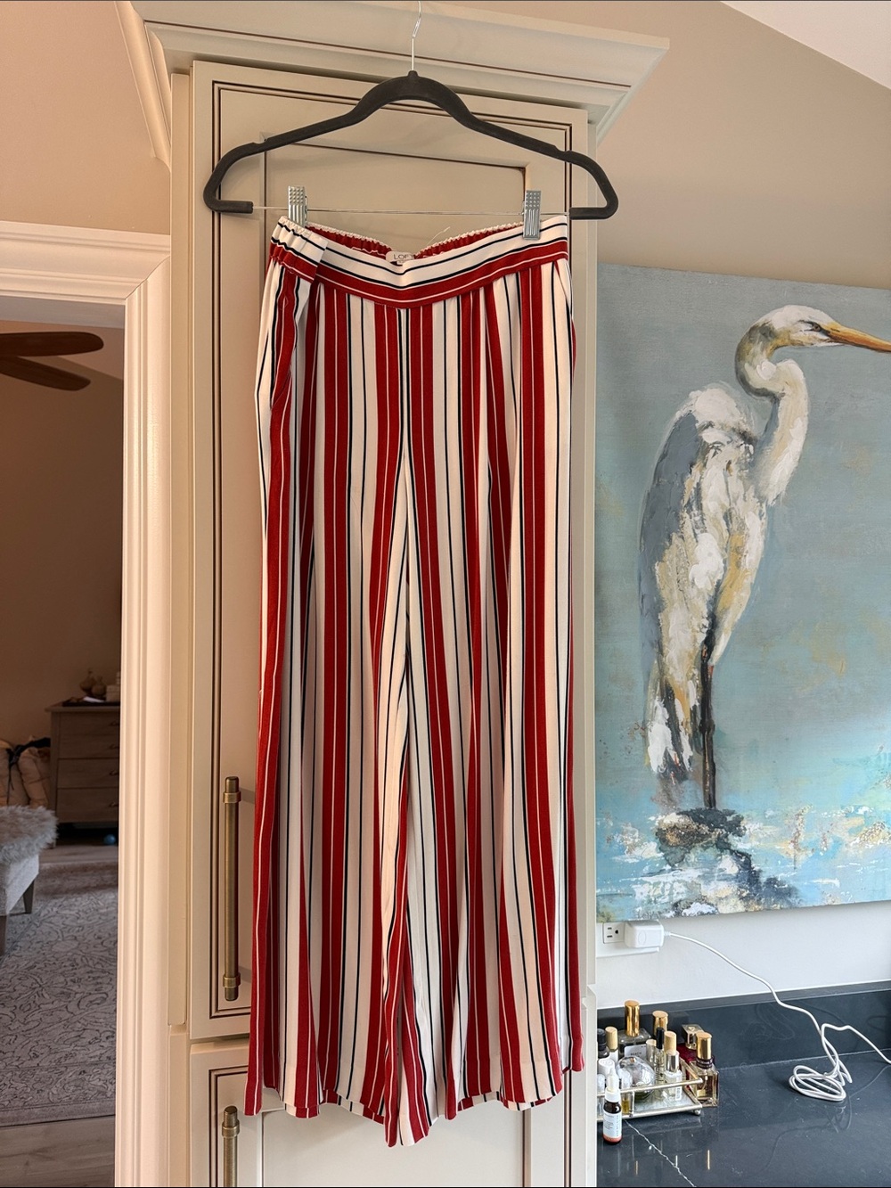LOFT Red and White Vertical Stripe Wide-Leg Pants